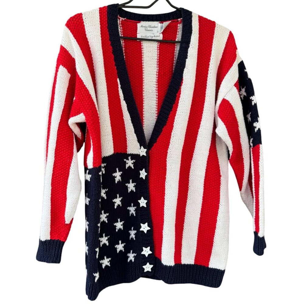Marisa Christina Classics Hand-Knitted American Flag Cardigan Sweater Womens M